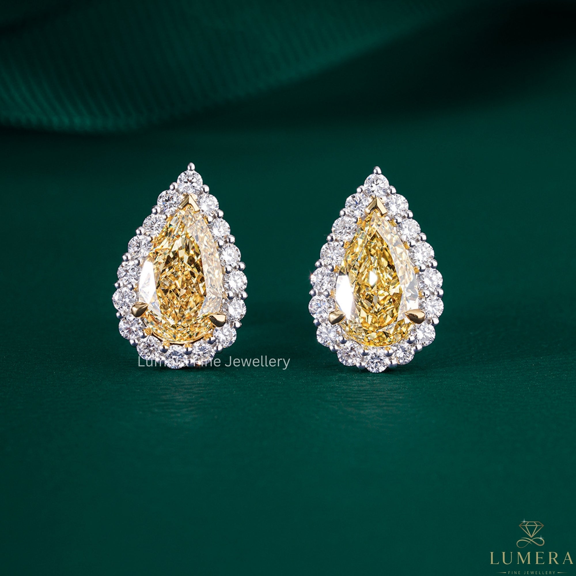 3.70 TCW Lab Grown Diamond Yellow Pear Cut Halo Stud Earrings
