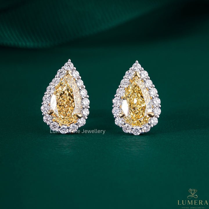1.60 TCW Lab Grown Diamond Yellow Pear Cut Halo Stud Earrings