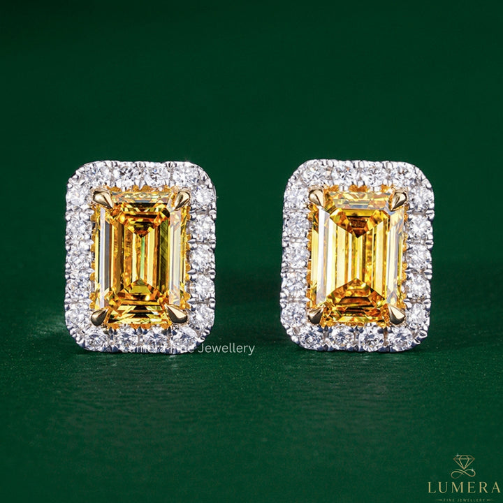 1.80 TCW Lab Grown Diamond Fancy Yellow Emerald Cut Halo Stud Earrings