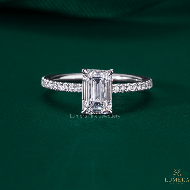 1.50 ct Emerald Cut Lab Grown Diamond Pave Setting Bridal Engagement Ring