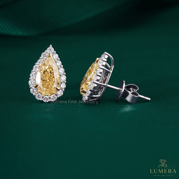 3.70 TCW Lab Grown Diamond Yellow Pear Cut Halo Stud Earrings
