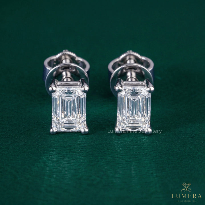 7.50 TCW Emerald and Round Cut Lab Grown Diamond Dangle Earrings