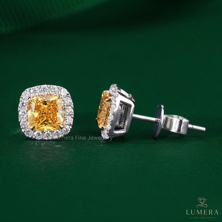 3.50 TCW Lab Grown Diamond Fancy Yellow Cushion Cut Halo Stud Earrings