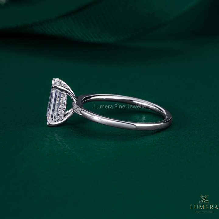 1.50 CT Emerald Cut Lab Grown Diamond Hidden Halo Unique Engagement Ring