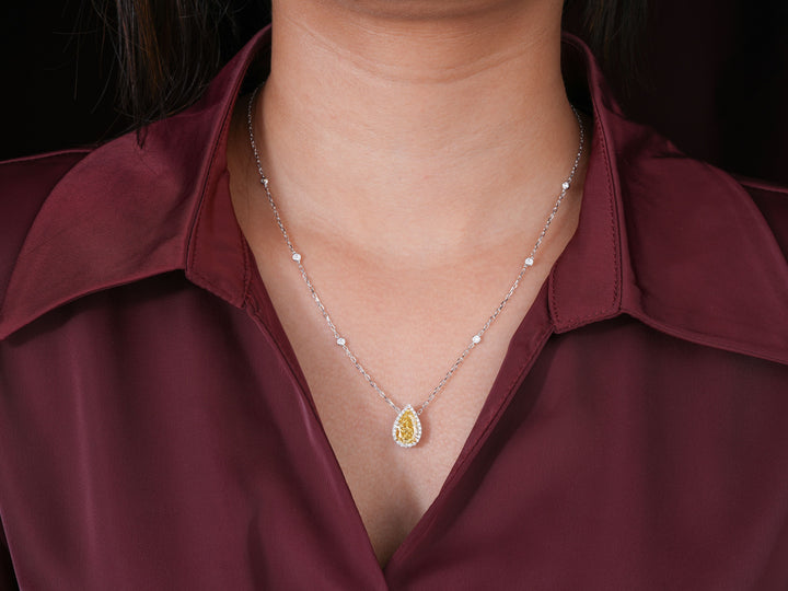 3.00 CT Pear Cut Fancy Yellow IGI Certified Necklace, Teardrop Halo Pendant