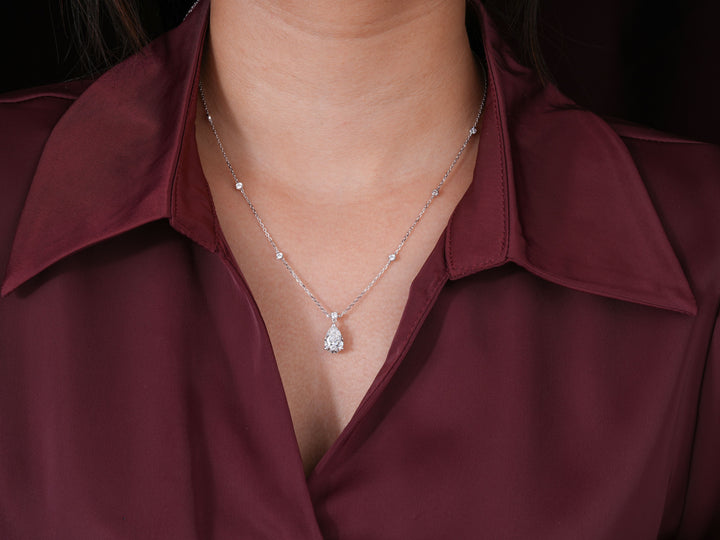 2.05 CT Teardrop Lab Grown Halo Necklace, Brilliant Pear Cut Pendant