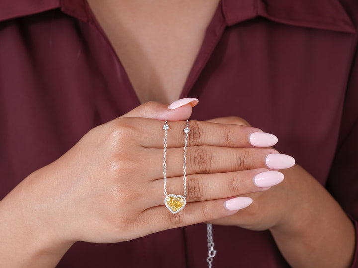 3.40 CT Fancy Yellow Heart Cut Necklace, Halo Heart Pendant