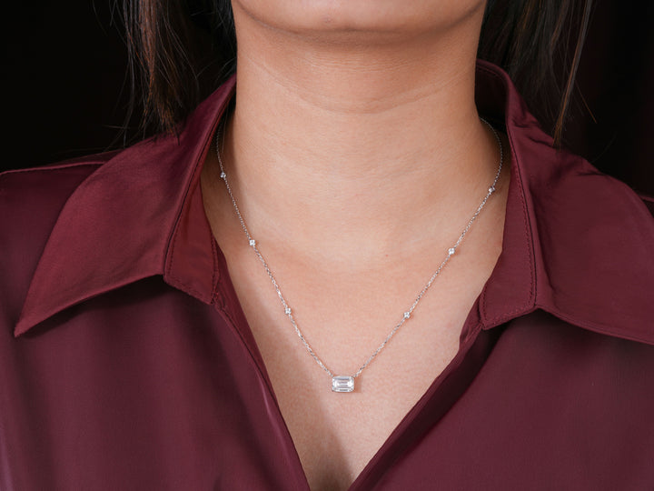 2.1 Ct Emerald Cut Lab Diamond, Halo Round Accent Stone Necklace