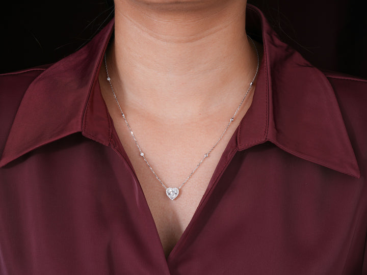 1.50 CT Heart Cut Lab Grown Halo Necklace, Bezel Set Station Chain Pendant