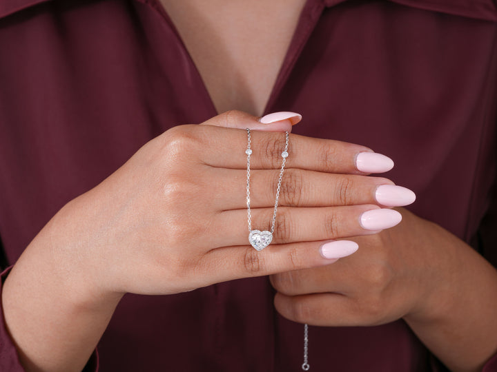 1.10 CT Heart Cut Lab Grown Diamond Necklace, Round Accent Stone Dainty Necklace