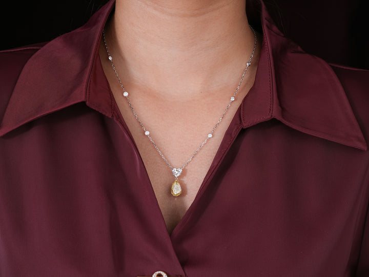 3.20 CT Fancy Yellow Pear Cut Lab Grown , Heart Diamond ,Halo Necklace