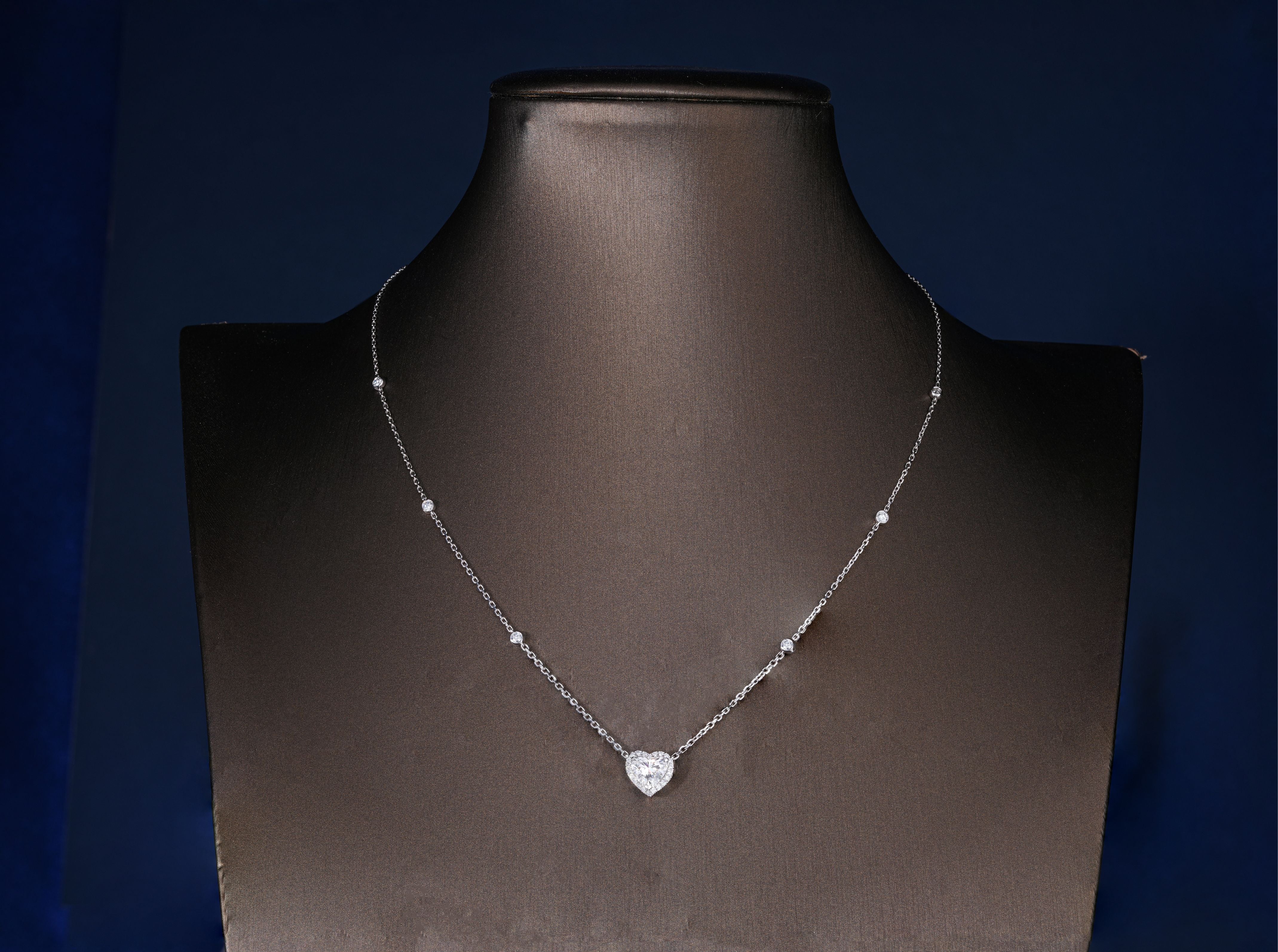 1.10 CT Heart Cut Lab Grown Diamond Necklace, Round Accent Stone Dainty Necklace