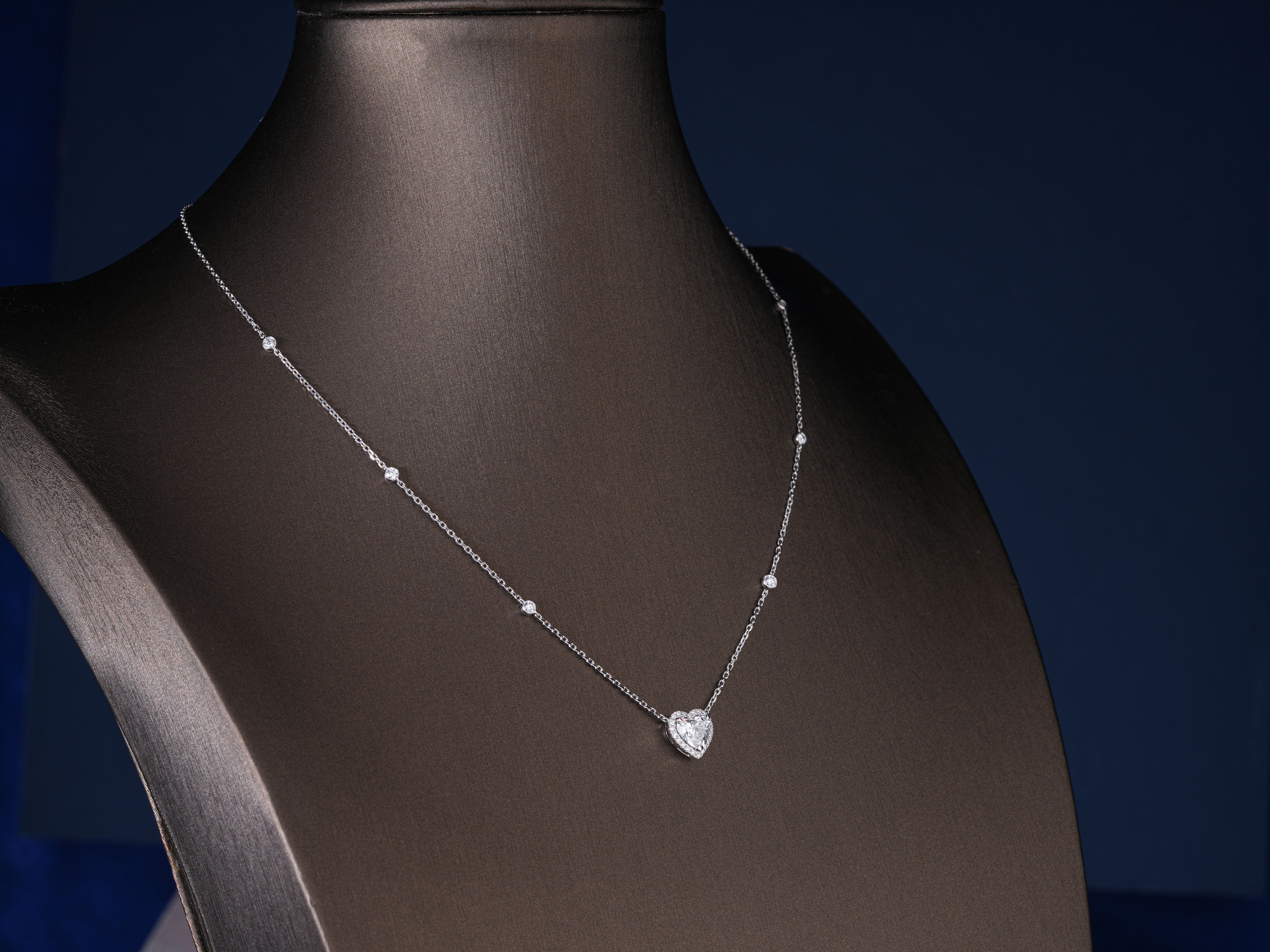 1.50 CT Heart Cut Lab Grown Halo Necklace, Bezel Set Station Chain Pendant