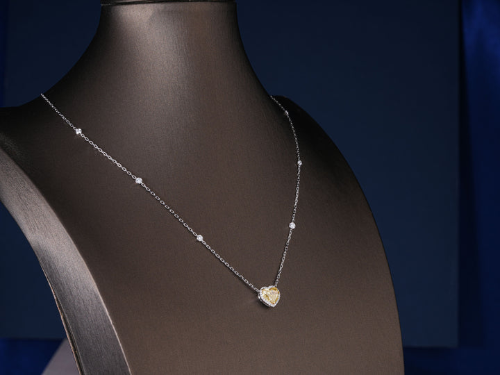 3.40 CT Fancy Yellow Heart Cut Necklace, Halo Heart Pendant