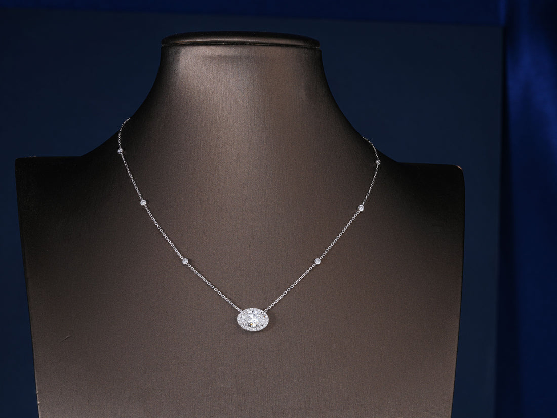 2.9 ct Oval Shaped Lab Diamond Halo Necklace