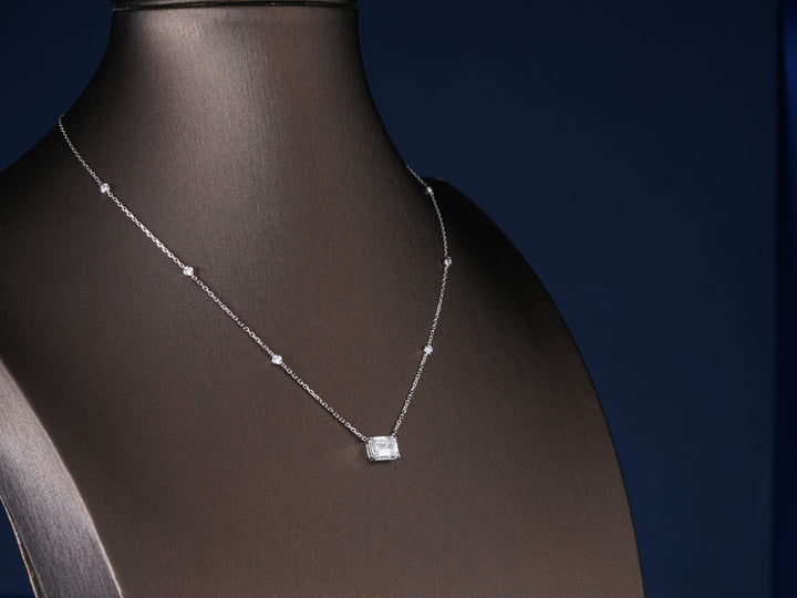 2.1 Ct Emerald Cut Lab Diamond, Halo Round Accent Stone Necklace