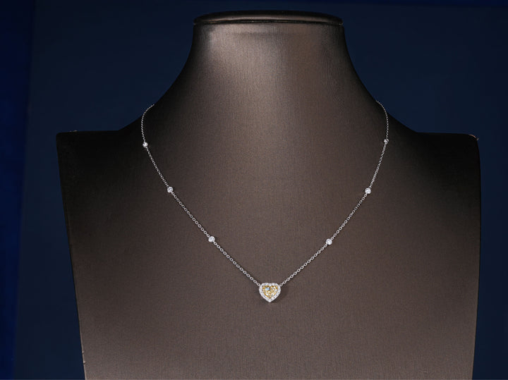1.05 CT Heart Cut Lab Grown Halo Necklace, Fancy Yellow Center Stone Pendant