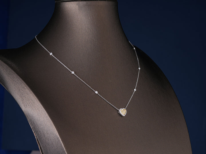 1.05 CT Heart Cut Lab Grown Halo Necklace, Fancy Yellow Center Stone Pendant