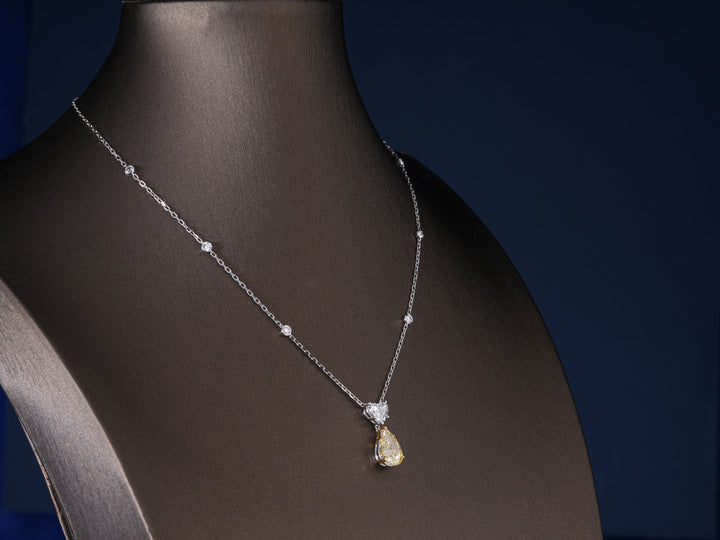 3.20 CT Fancy Yellow Pear Cut Lab Grown , Heart Diamond ,Halo Necklace