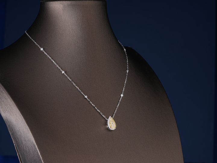 3.00 CT Pear Cut Fancy Yellow IGI Certified Necklace, Teardrop Halo Pendant