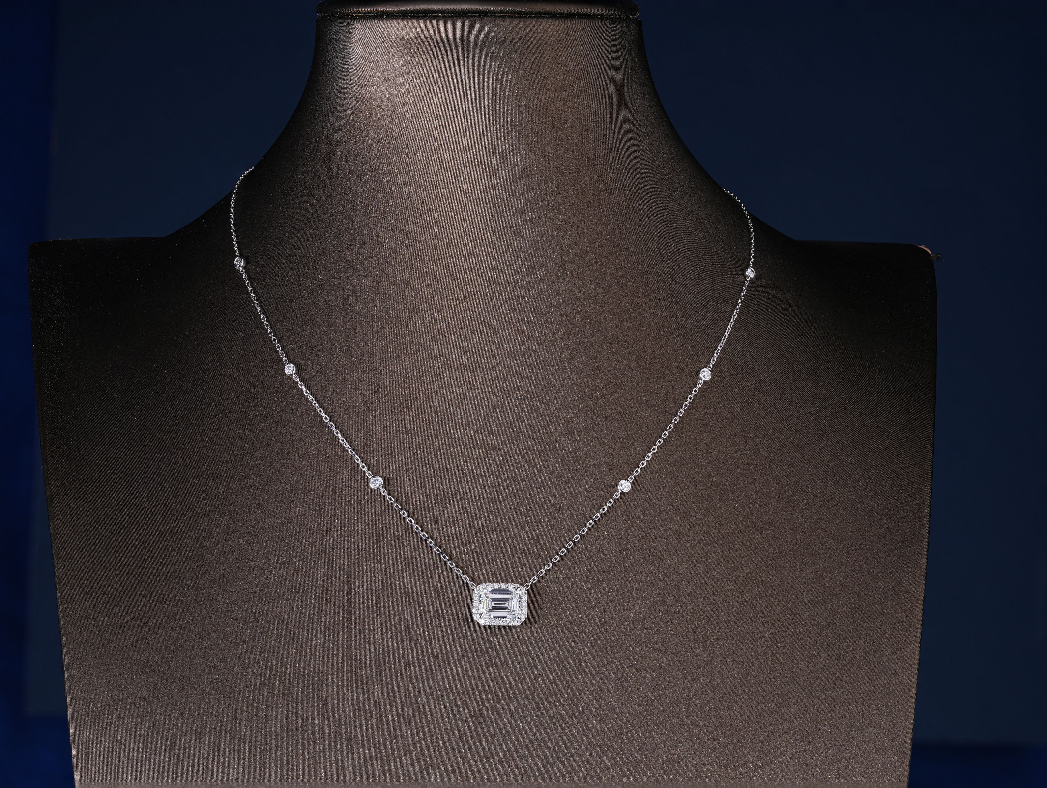 2.10 CT Emerald Lab Grown Diamond Emerald Halo Station Necklace