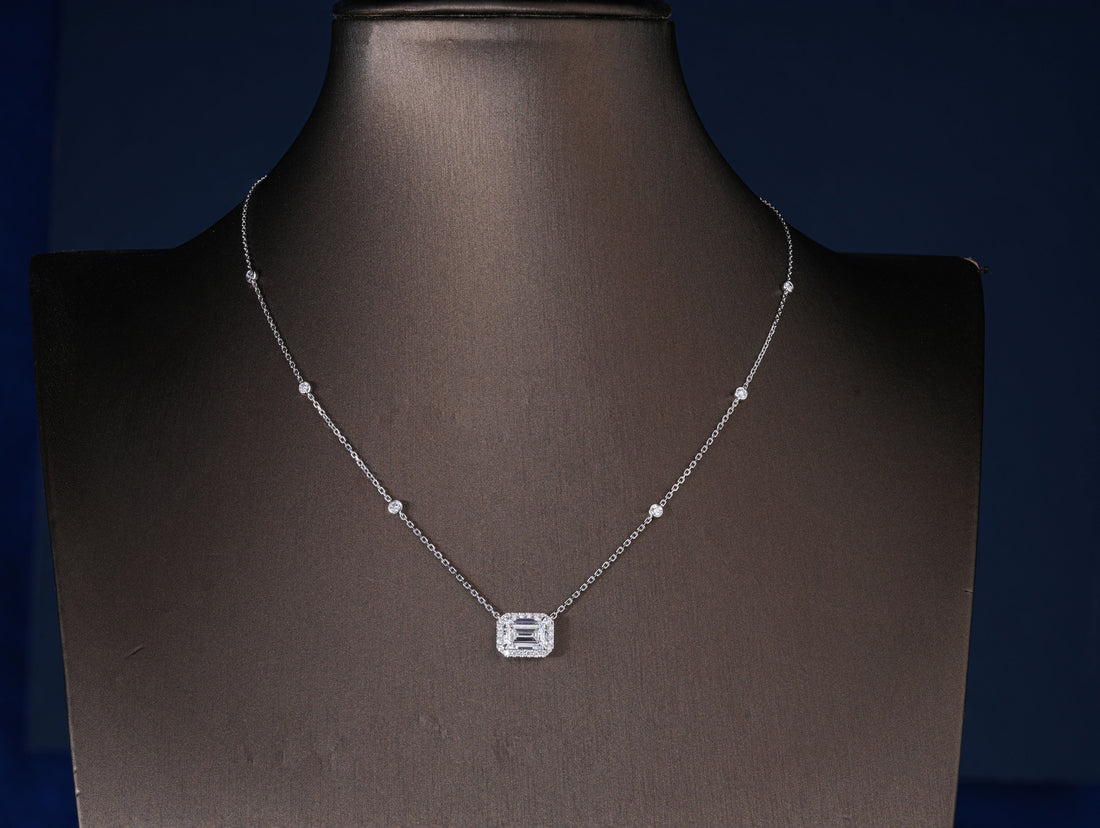 2.10 CT Emerald Lab Grown Diamond Emerald Halo Station Necklace