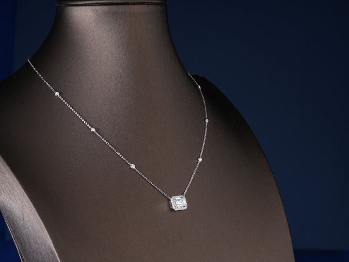 2.10 CT Emerald Lab Grown Diamond Emerald Halo Station Necklace