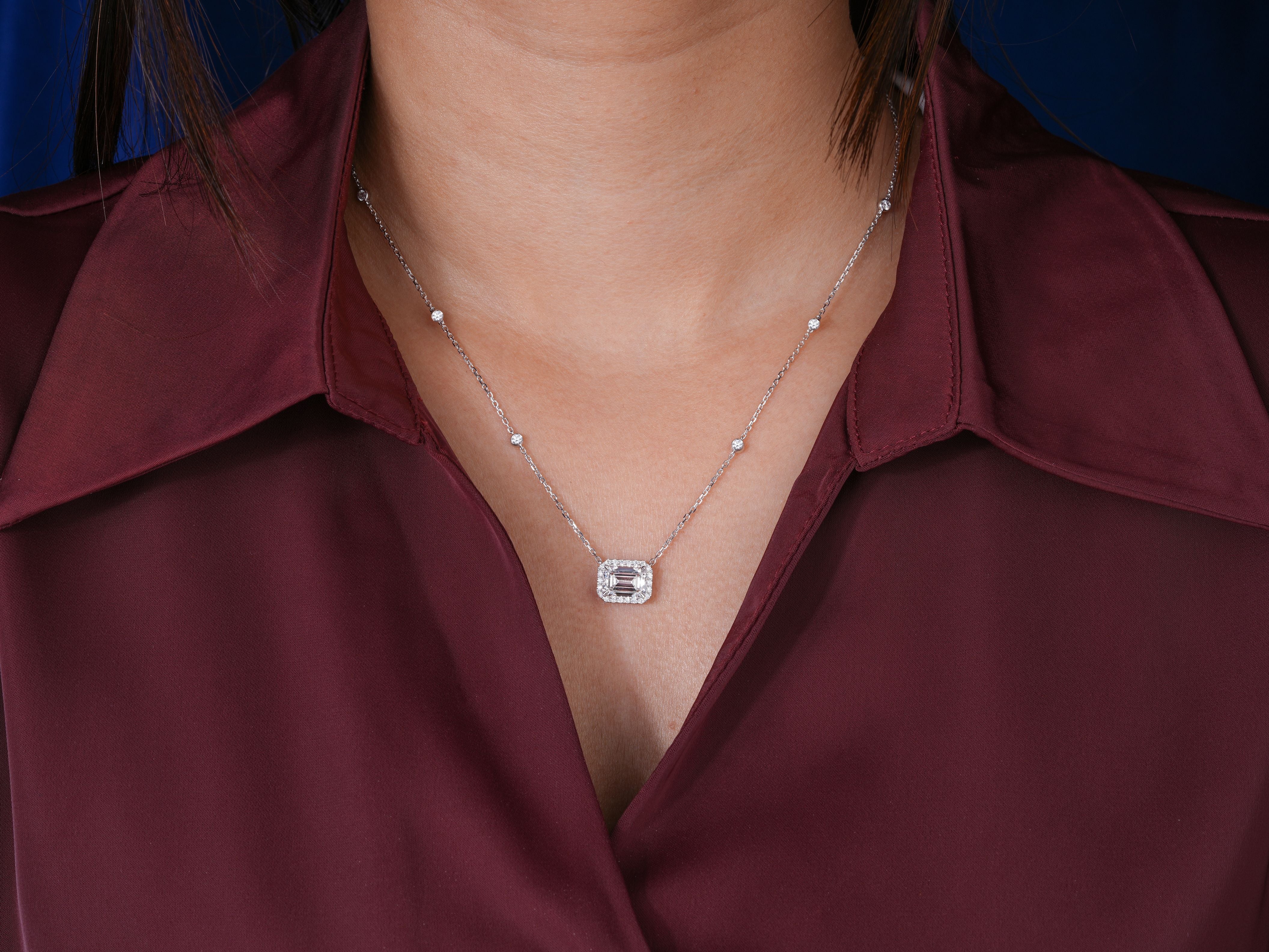 2.10 CT Emerald Lab Grown Diamond Emerald Halo Station Necklace