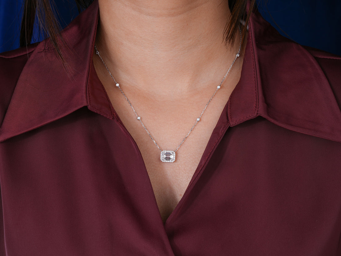 2.10 CT Emerald Lab Grown Diamond Emerald Halo Station Necklace