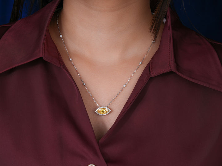 3.00 CT Marquise Cut Lab Grown Halo Necklace, Fancy Yellow East-West Pendant