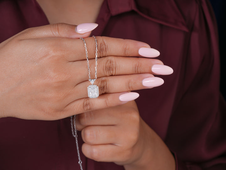 Step-Cut Rectangular Lab Diamond Style Halo Necklace, Sophisticated 2 Carat Emerald Pendant, Minimalist Bridal Jewelry