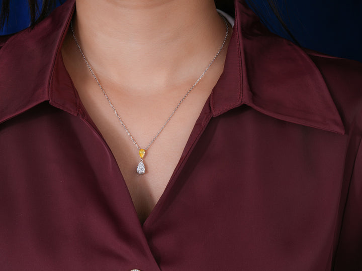 1.1 TCW Pear Cut IGI Certified Two-Tone Canary Yellow & White Teardrop Pendant