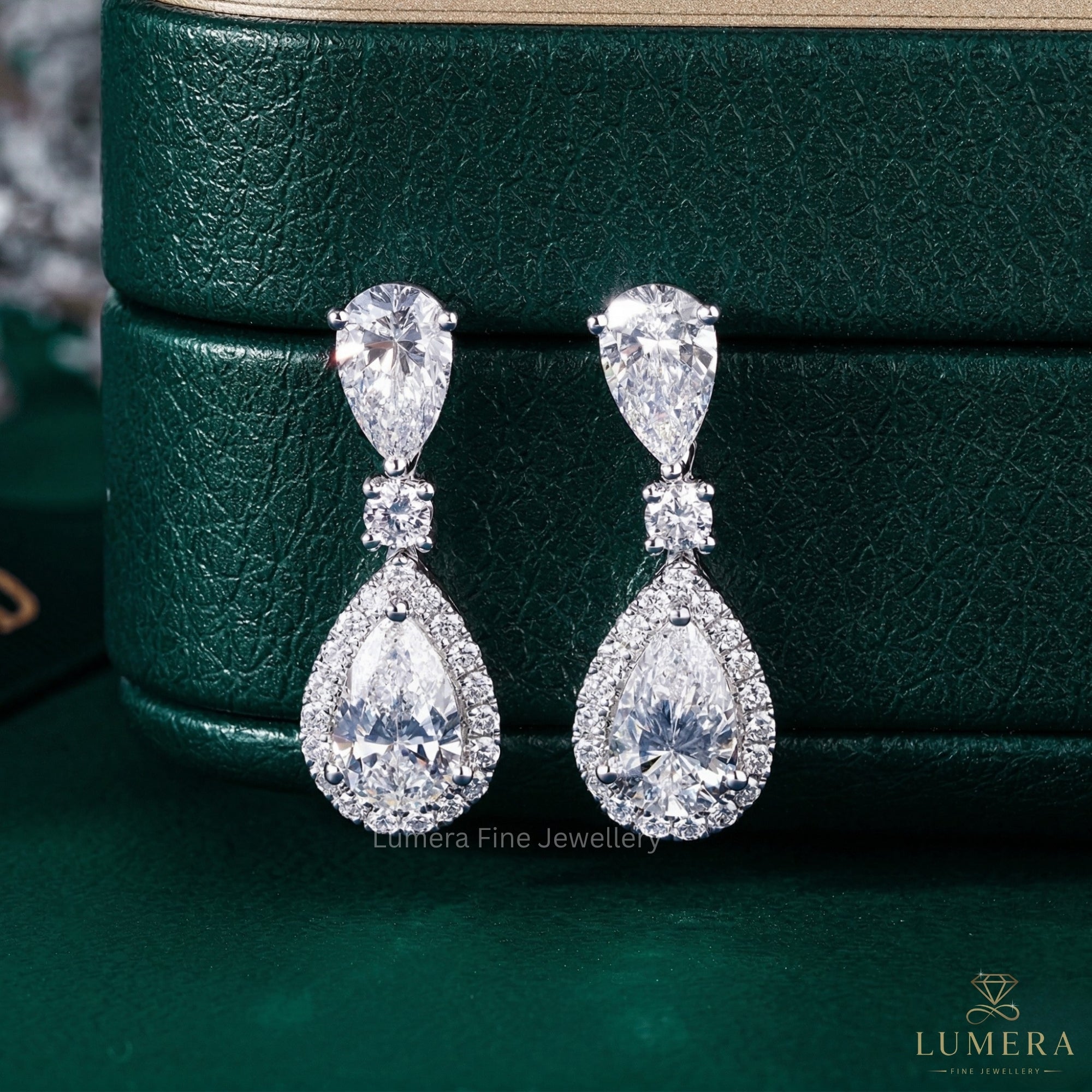 4.0 TCW Pear Cut Lab Grown Diamond Halo Dangle Earrings