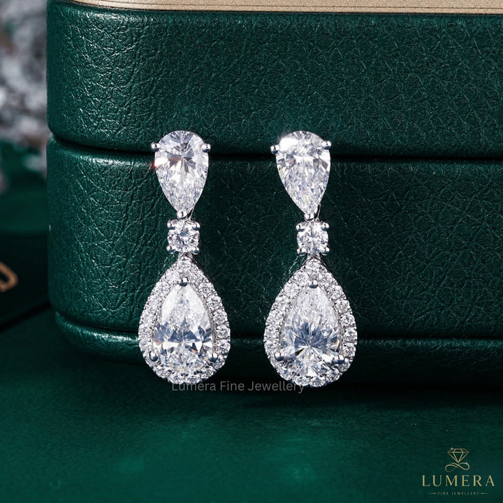4.0 TCW Pear Cut Lab Grown Diamond Halo Dangle Earrings